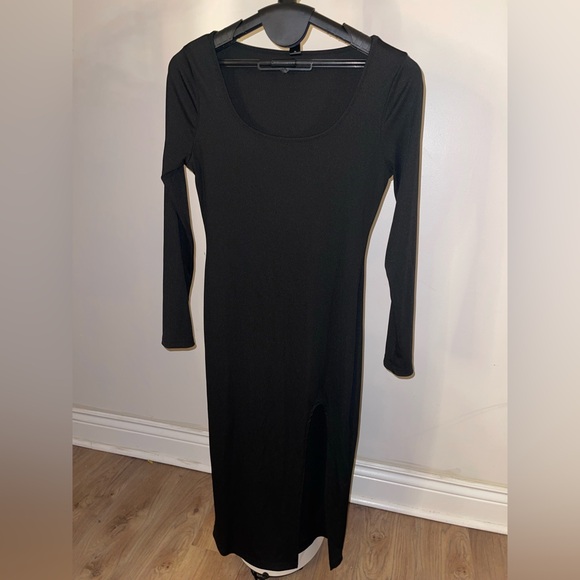 Black Long Sleeve Square Neck Split Thigh Fitted Bodycon Midi Dress - Picture 5 of 10